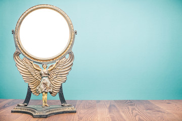 Old antique vintage cast iron desk makeup mirror frame blank in the form of goddess with wings or...