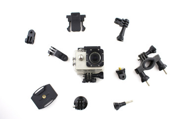 Action camera stuff isolated on wight background. Action camera set, waterproof box, clamping