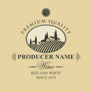 Vector label for wine with landscape of vineyards and Italian village in oval frame in retro style