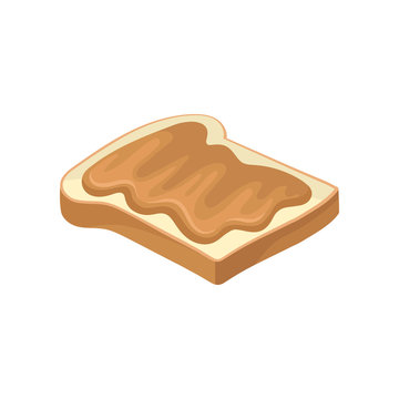 Sweet peanut butter on slice of toasted bread. Delicious snack. Food for breakfast. Flat vector for advertising poster or banner