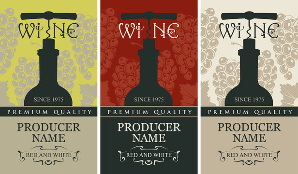 Vector set of three labels for red and white wine with a bottle of wine and a corkscrew in retro style