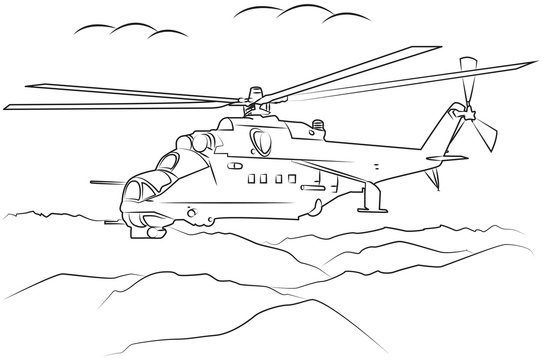 military helicopter flying among the mountains drawn in black outline