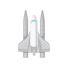 Flat vector icon of large space shuttle. Gray spacecraft with big turbines. Modern flying technology
