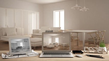 Architect designer concept, laptop and tablet on wooden work desk with screen showing interior design project and CAD sketch, blurred draft in the background, living room idea