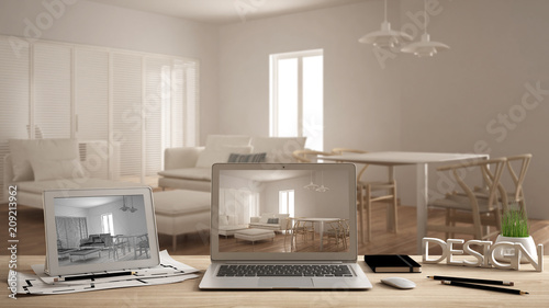 Architect Designer Concept Laptop And Tablet On Wooden Work Desk
