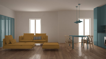 Modern clean living room with kitchen and dining table, sofa, pouf and chaise longue, minimal white, yellow and blue interior design
