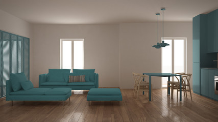 Modern clean living room with kitchen and dining table, sofa, pouf and chaise longue, minimal white and blue interior design