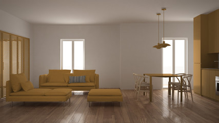 Modern clean living room with kitchen and dining table, sofa, pouf and chaise longue, minimal white and yellow interior design