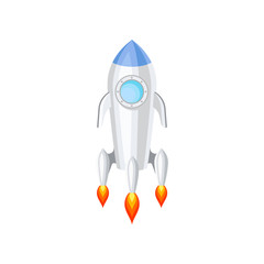 Flat vector icon of space rocket with engine fire. Large spacecraft with blue round window. Spaceship for traveling through universe