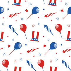 Seamless pattern with festive attributes. USA Independence Day. 4th of July. Vector wallpaper.