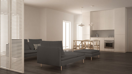 Modern clean living room with kitchen and dining table, sofa, pouf and chaise longue, minimal white and gray interior design
