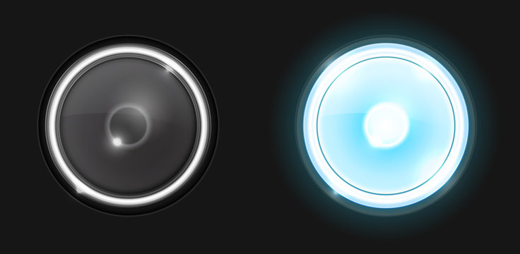 Realistic round glass lamp or car headlight isolated on black background. Vector 3d illustration.