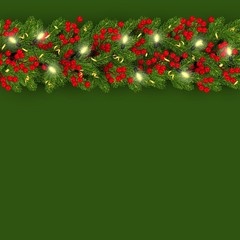 Christmas and New Year banner template with horizontal border of realistic branches of Christmas tree and holly berries