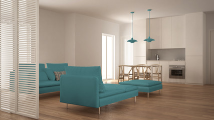 Modern clean living room with kitchen and dining table, sofa, pouf and chaise longue, minimal white and blue interior design