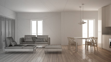 Unfinished project of modern clean living room with kitchen and dining table, sofa, pouf and chaise longue, minimal interior design