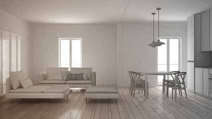 Fototapeta premium Unfinished project of modern clean living room with kitchen and dining table, sofa, pouf and chaise longue, minimal interior design