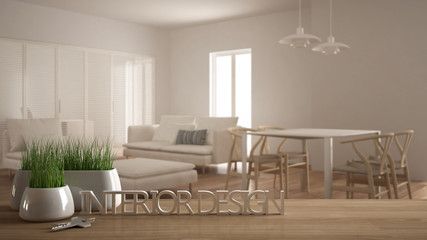 Wooden table, desk or shelf with potted grass plant, house keys and 3D letters making the words interior design, over blurred modern living room, project concept copy space background