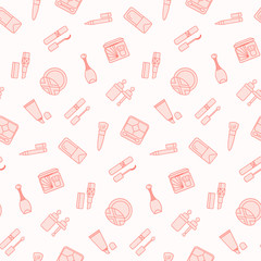 Seamless pattern with flat cosmetics icon. Vector wallpaper. Good for fabric, wrapping paper, print etc.