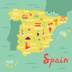 Vector map of Spain with landmarks, people, food and plants. Travel map.