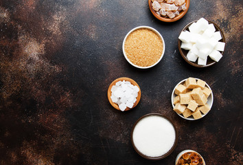 Different kinds of sugar in the assortment, top view