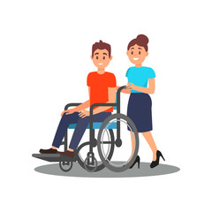 Fototapeta premium Girl volunteer helping guy with physical disabilities. Young man in wheelchair and cheerful social worker. Flat vector design