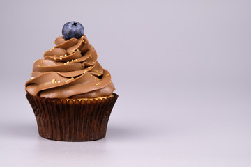 Cupcake with whipped chocolate cream, decorated fresh blueberry, gold confectionery sprinkling on...