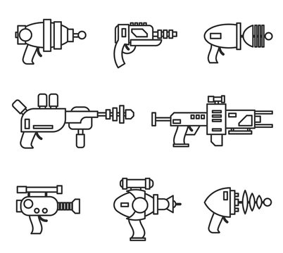 Set of futuristic space weapons , ray guns or laser blasters in cartoon retro style. Vector illustration isolated on white background.