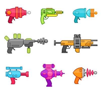 Set of futuristic space weapons , ray guns or laser blasters in cartoon retro style. Vector illustration isolated on white background.