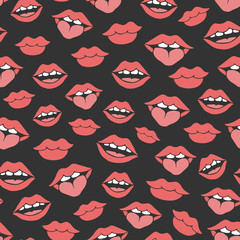 Vector repeat pattern with red woman lips of different shapes showing smile, teeth and tongue on the black background. Mouth drawing in sketch style.