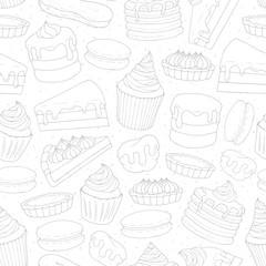 Vector pastry repeat pattern with cakes, pies, muffins, pancakes, macarons and eclairs outline on the dotted background. Hand drawn sweet bakery in sketch style. - 209216332