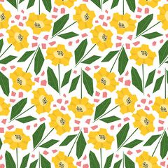 Bright seamless pattern with cute yellow sunflowers in scandinavian style. Simple nordic floral texture for textile, wrapping paper, background, package, surface design