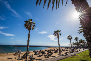 Famous beaches of Tenerife, Playa las Americas and Playas Del Camison on sunny day.