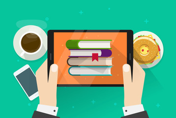Person reading electronic books on tablet vector illustration, flat cartoon hands holding digital e-reader device with paper books on display, idea of education tech, studying via ebooks