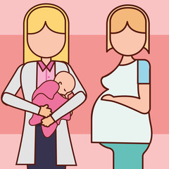pregnancy fertilization doctor holding mothers baby born vector illustration