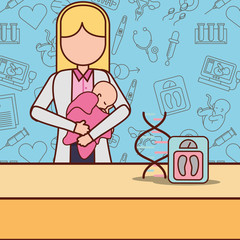 pregnancy fertilization woman doctor holding baby adn weight vector illustration