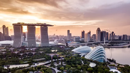 Foto op Plexiglas Aerial drone view of Singapore city skyline at sunset © whitcomberd