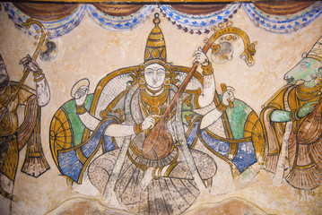 Fototapeta premium Nayaka painting of Saraswati on the inside wall of the northern cloister mandappa. Brihadishvara Temple, Thanjavur, Tamil Nadu
