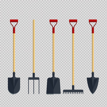 Set pitchfork shovel spade rake flat tool icon logo vector illustration. Farming equipment. Garden instruments on transparent background.