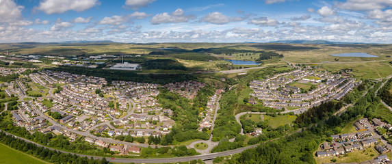 Panoramic aerial drone view of the town of Ebbw Vale in the South Wales Valleys