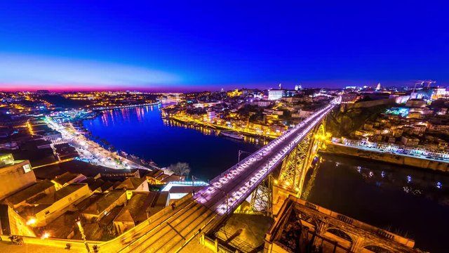 Time-lapse view on the illuminated Old Town and the iconic Dom Luis Bridge at the River Duro in Porto during sunset
