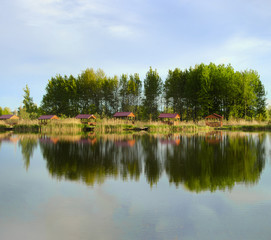 Fototapeta premium reflection of the forest and the blue sky in the lake