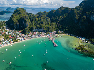 Aerial drone view of the town of El Nido on Palawan, Philippines