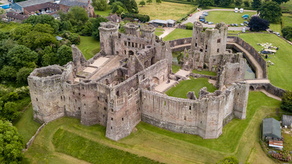 Aerial view of Raglan Castle in Monmouthshire, South Wales, UK © whitcomberd