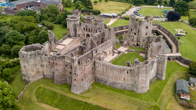 Aerial view of Raglan Castle in Monmouthshire, South Wales, UK