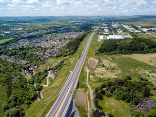 Aerial view of the newly constructed A465 Heads of the Valley road near Ebbw Vale and Brynmawr in South Wales