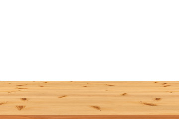 Empty Wooden table isolated on white background. For your product placement or montage with focus to the table top in the foreground. Empty wooden brown shelf. shelves