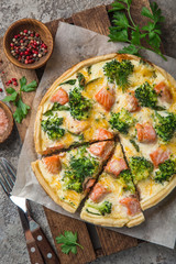 smoked salmon, broccoli and spinach quiche tart