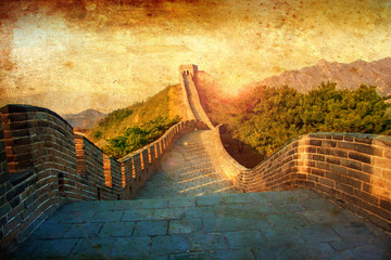Great Wall of China.Vintage styled design in warm golden sun. Like handpainted old postcards