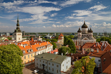 Fototapeta na wymiar TALLINN, ESTONIA - View from the Bell tower of Dome Church / St. Mary's Cathedral, Toompea hill at The Old Town and Russian Orthodox Alexander Nevsky Cathedral