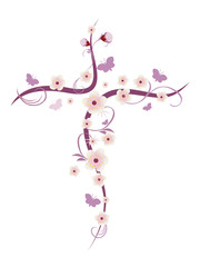 Isolated vector Christian cross with flowers and butterflies